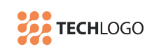 Logo mit orangen Punkten und dem Schriftzug „TECHLOGO“ in schwarzer Schrift.
