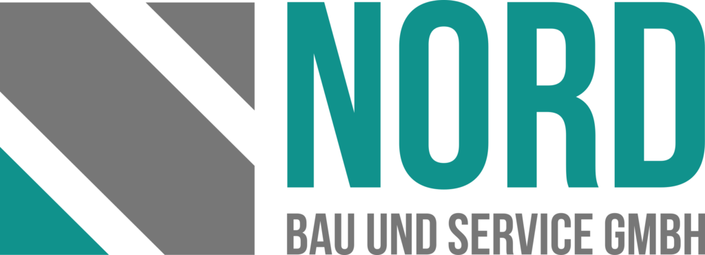 Logo der Firma "NORD Bau und Service GmbH" mit geometrischen Formen in Grau und Türkis.
