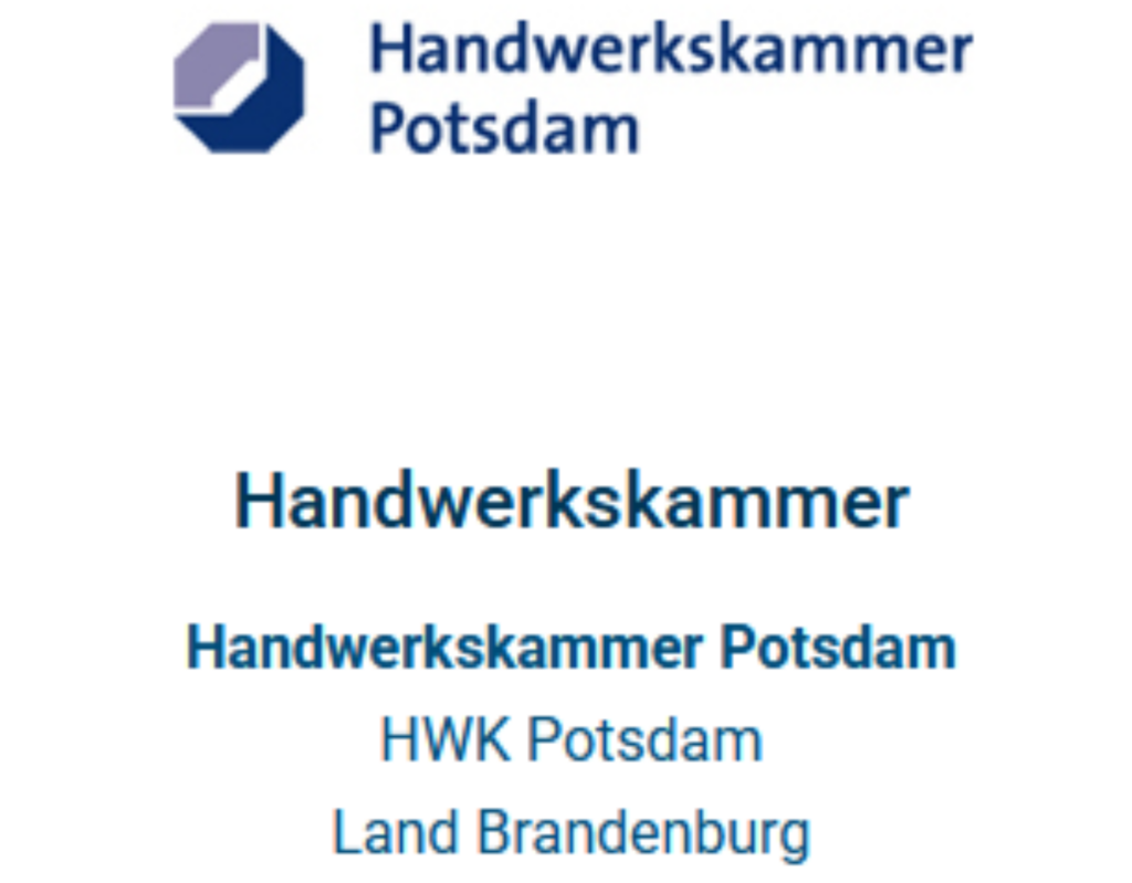 Logo und Informationen der Handwerkskammer Potsdam, einschließlich ihrer Abkürzung und Lage in Brandenburg.